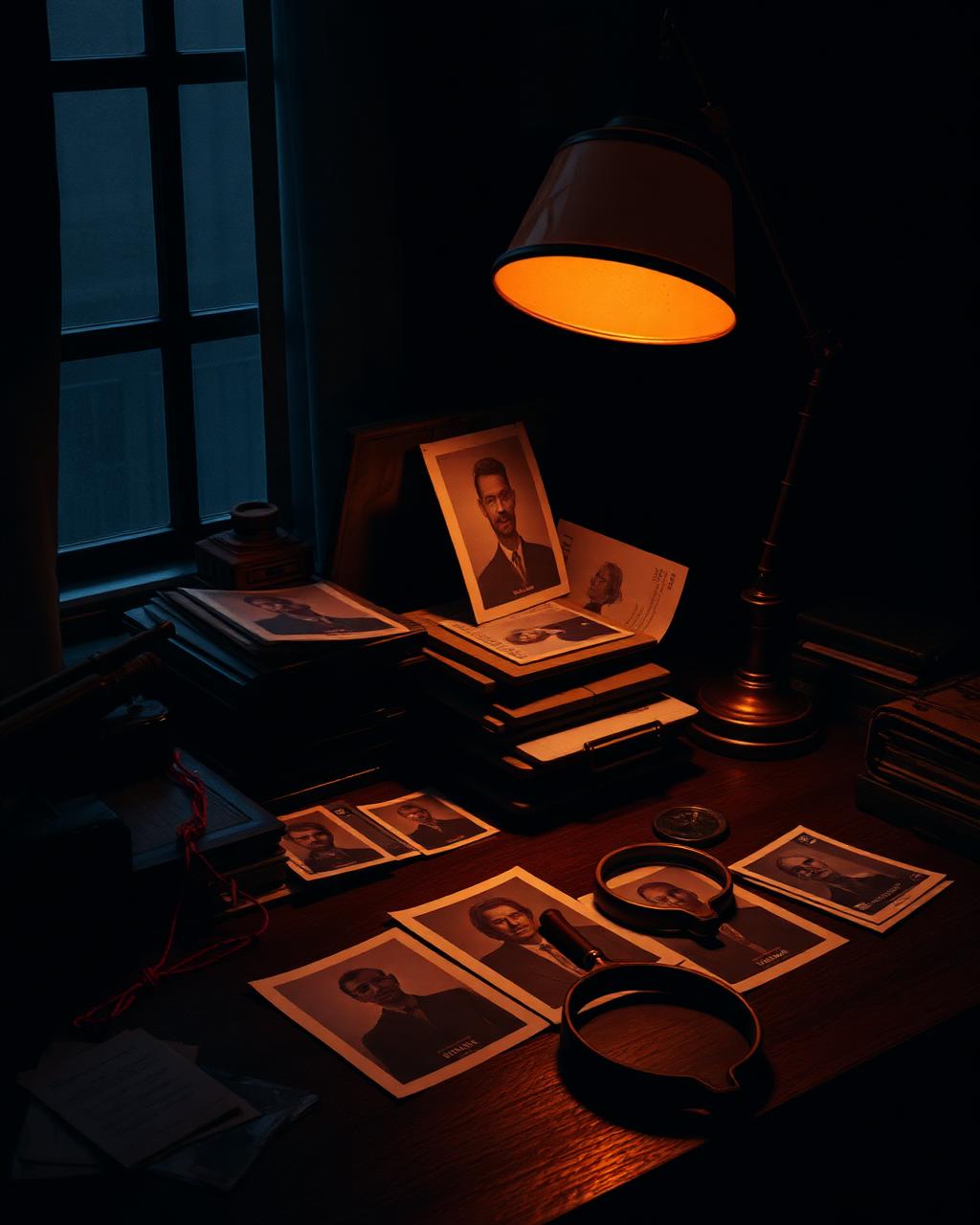 A detective desk lit by a warm lamp, covered in photographs and a magnifying glass