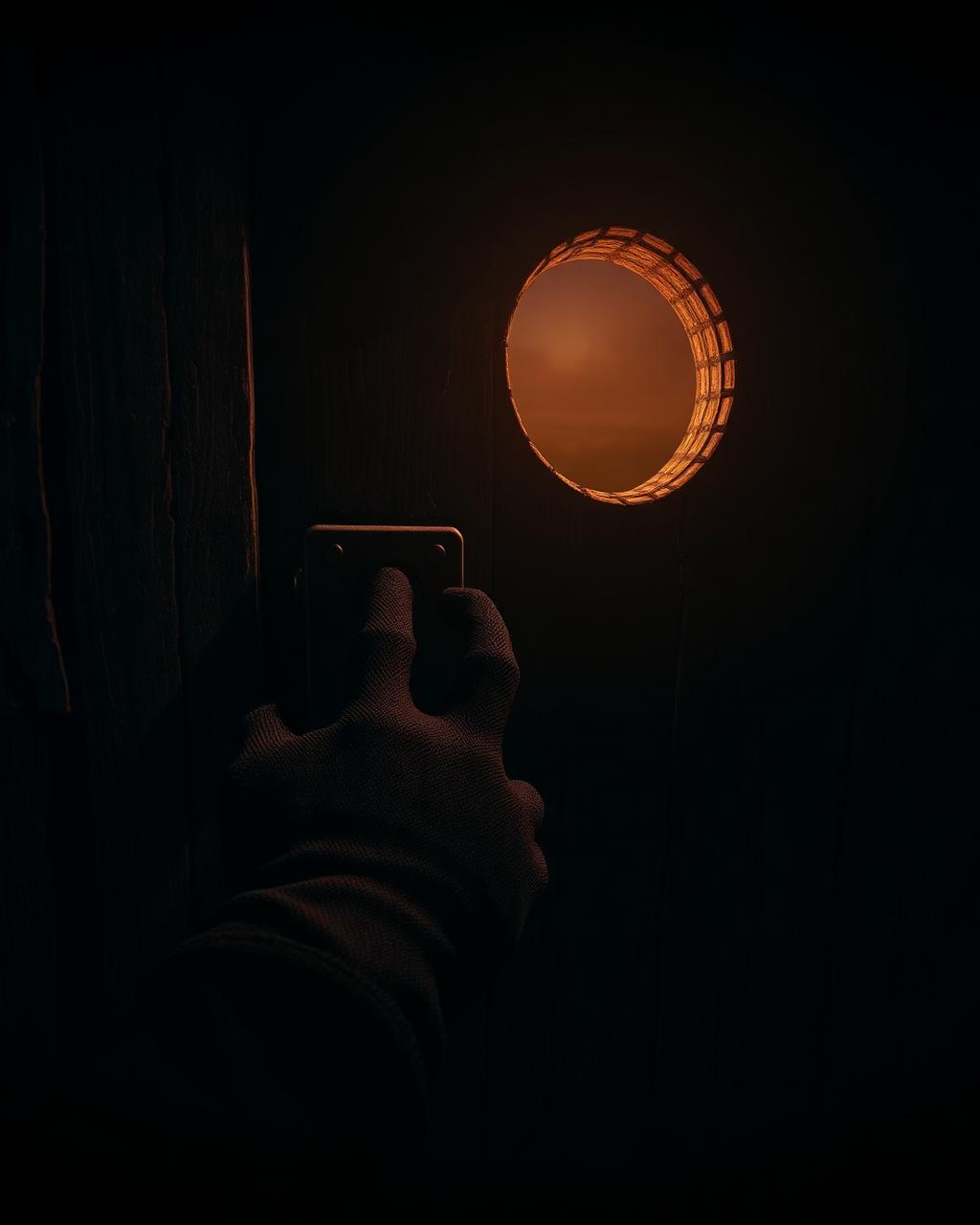 A gloved hand working a lock on an old wooden door at night