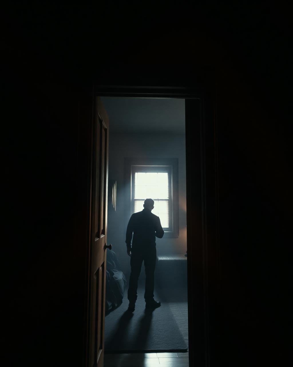 A silhouetted figure seen through a doorway from a dark hiding place