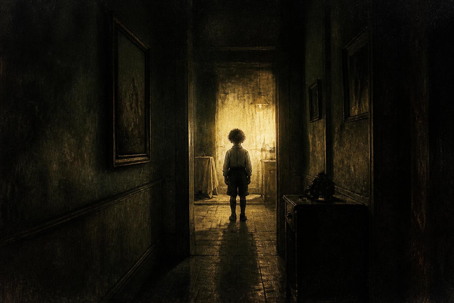 A small boy silhouetted at the end of a dim corridor lit by warm light