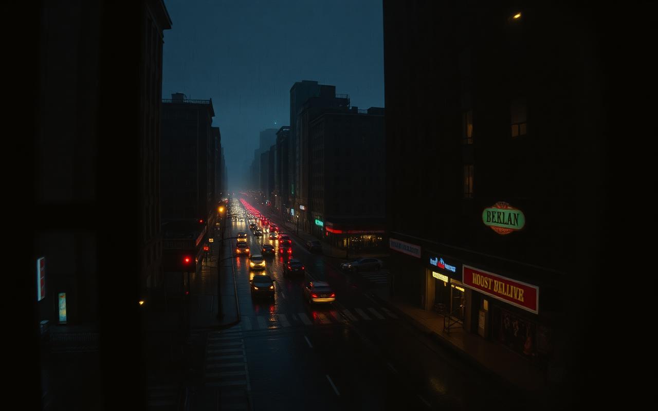 Rain-soaked city street at night seen from an apartment window