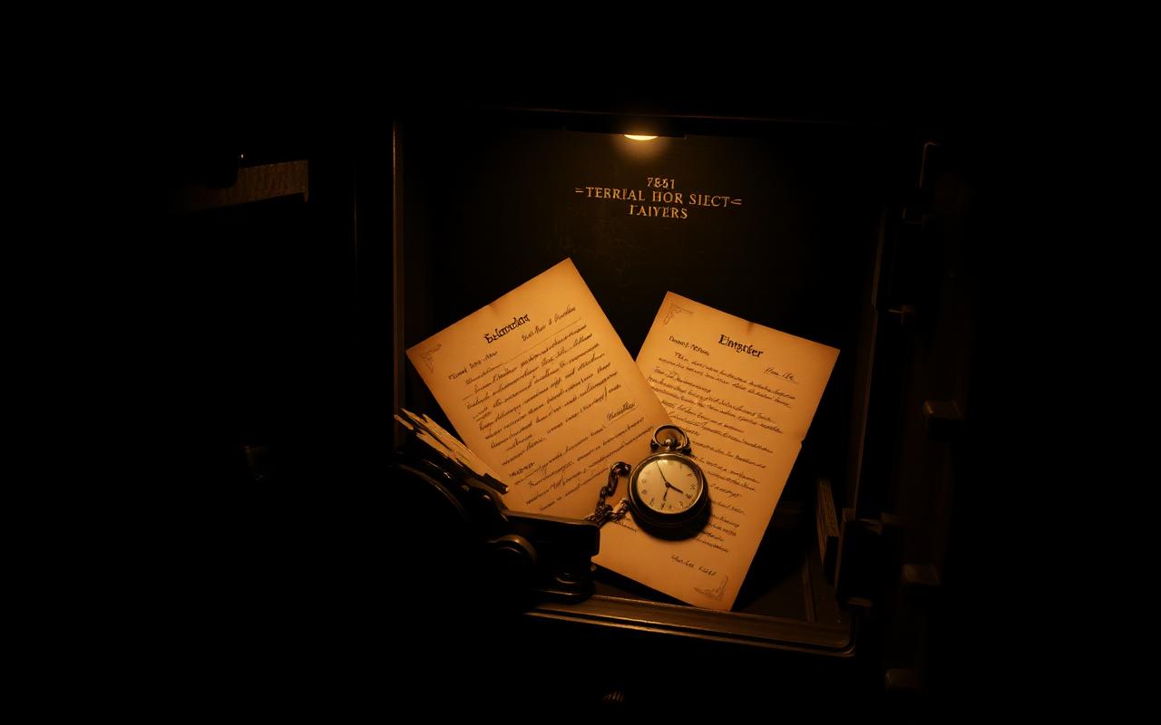 An open safe holding old letters and a pocket watch