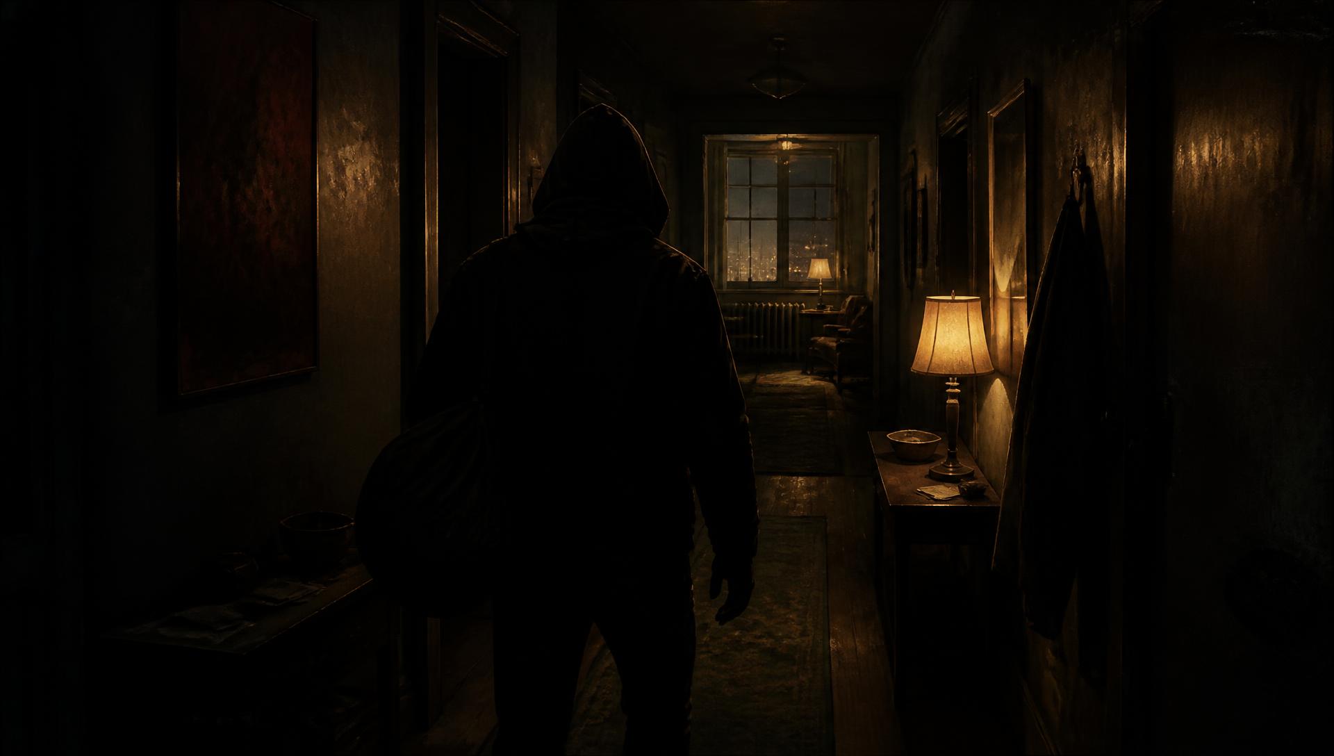 A hooded figure standing in a dim, lamp-lit apartment hallway